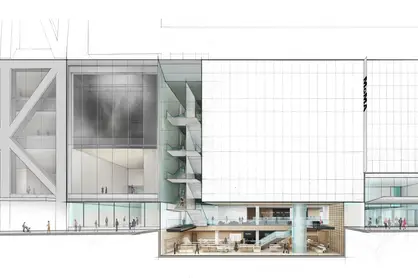 Elevation of MoMA on 53rd Street with cutaway view below street level.